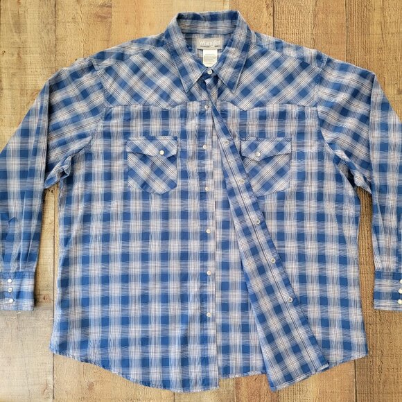 Wrangler Wrancher Men's Blue Plaid Pearl Snap Button-Up Shirt XXL - Picture 3 of 16